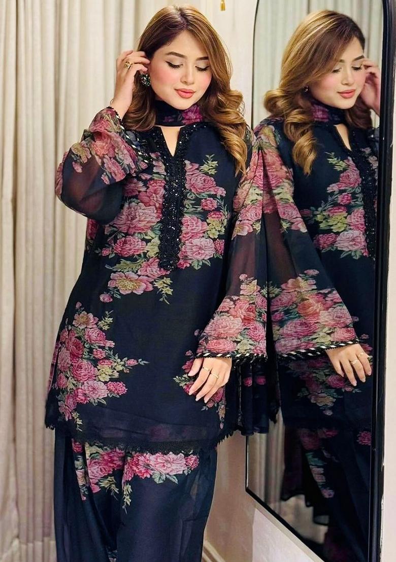 Blue Resham Embroidery Georgette Kurta Set - Indya