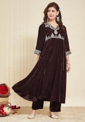 Brown Resham Embroidery Velvet Kurta Set