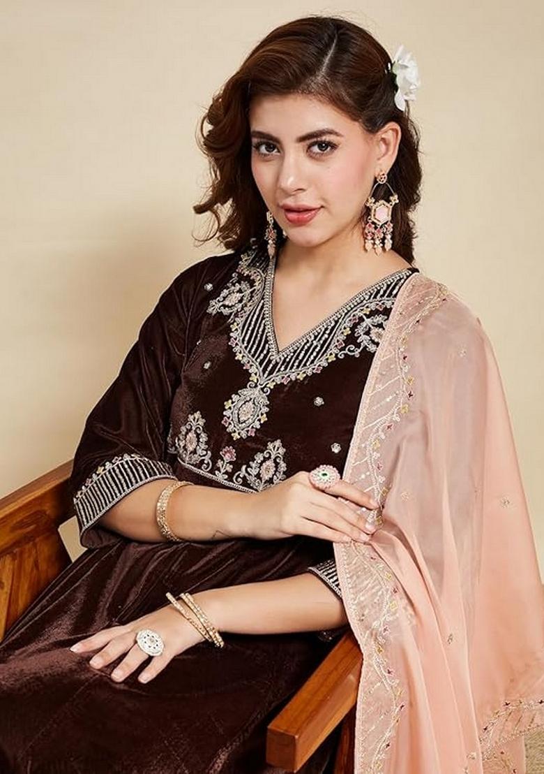 Brown Resham Embroidery Velvet Kurta Set - Indya