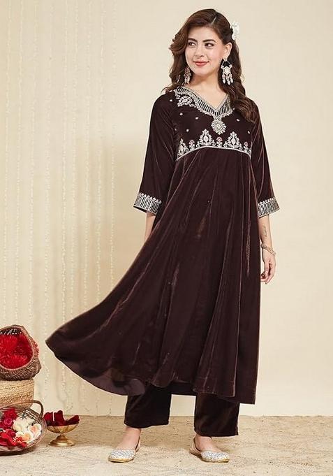 Brown Resham Embroidery Velvet Kurta Set