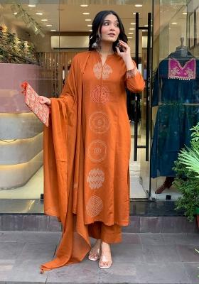 Orange Resham Embroidery Chanderi Kurta Set