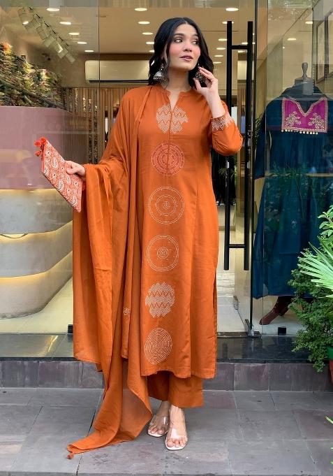 Orange Resham Embroidery Chanderi Kurta Set