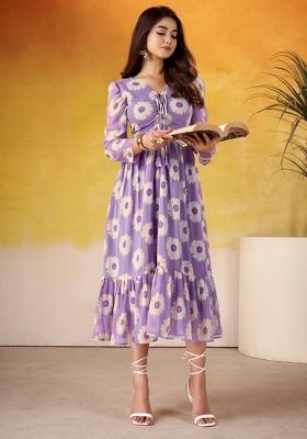 Lavender Floral Print Art Silk Kurta Set