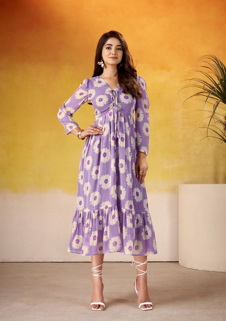 Lavender Floral Print Art Silk Kurta Set - Indya