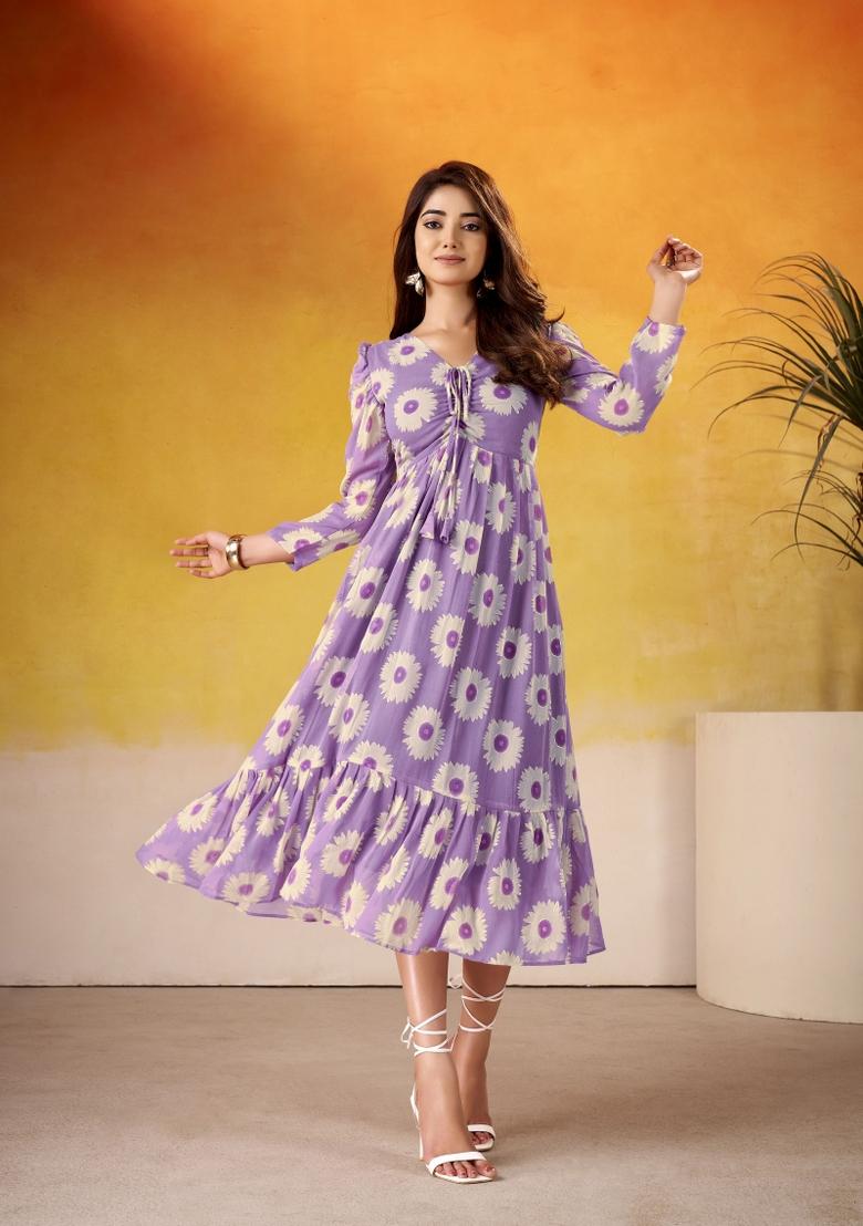 Lavender Floral Print Art Silk Kurta Set - Indya