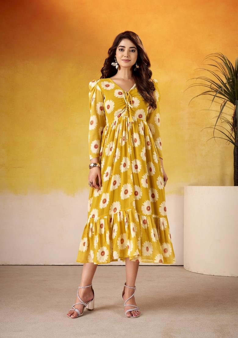 Mustard Floral Print Art Silk Kurta Set - Indya