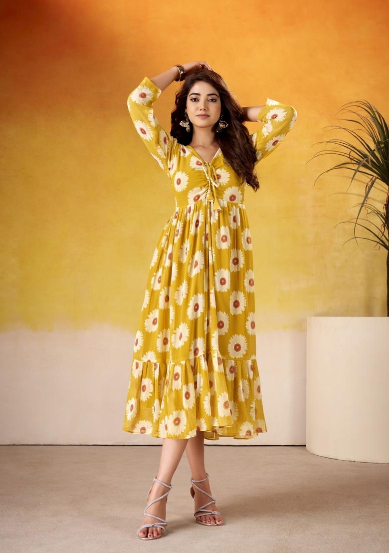 Mustard Floral Print Art Silk Kurta Set - Indya