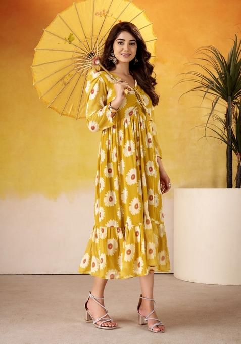 Mustard Floral Print Art Silk Kurta Set