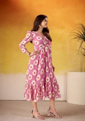 Pink Floral Print Art Silk Kurta Set