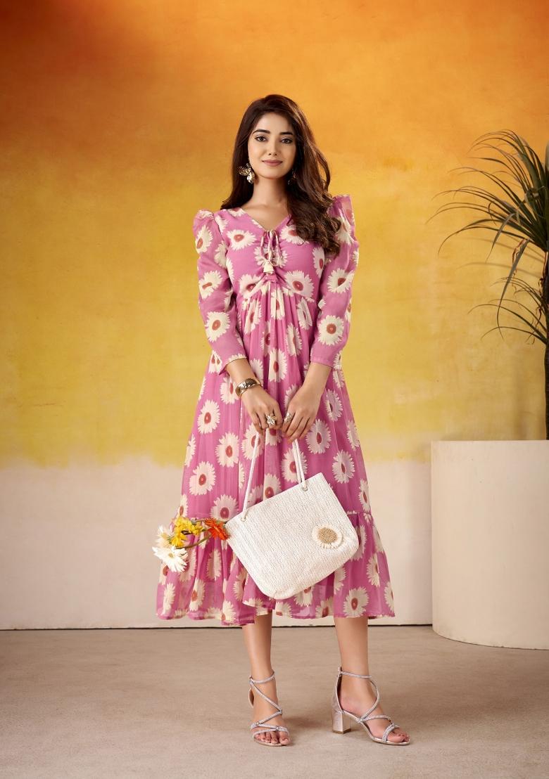 Pink Floral Print Art Silk Kurta Set - Indya