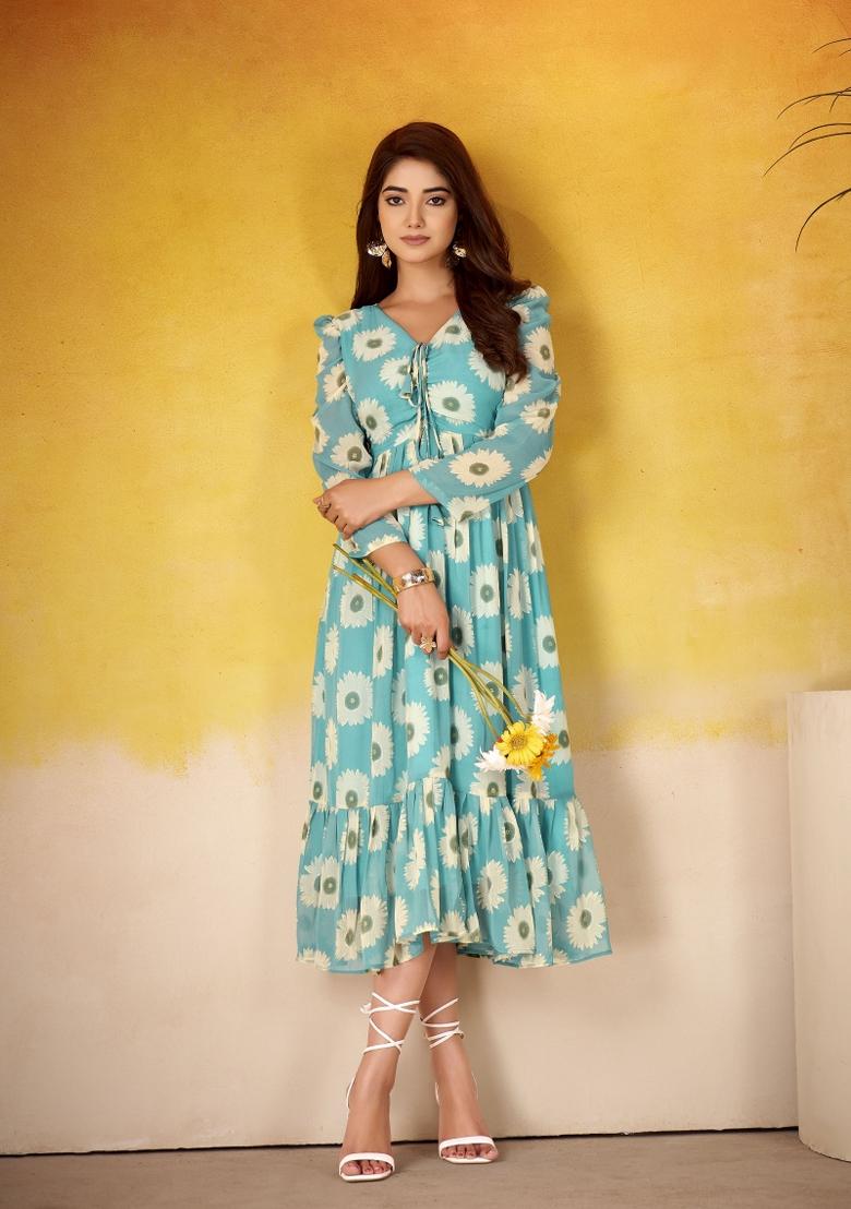 Sky Blue Floral Print Art Silk Kurta Set - Indya