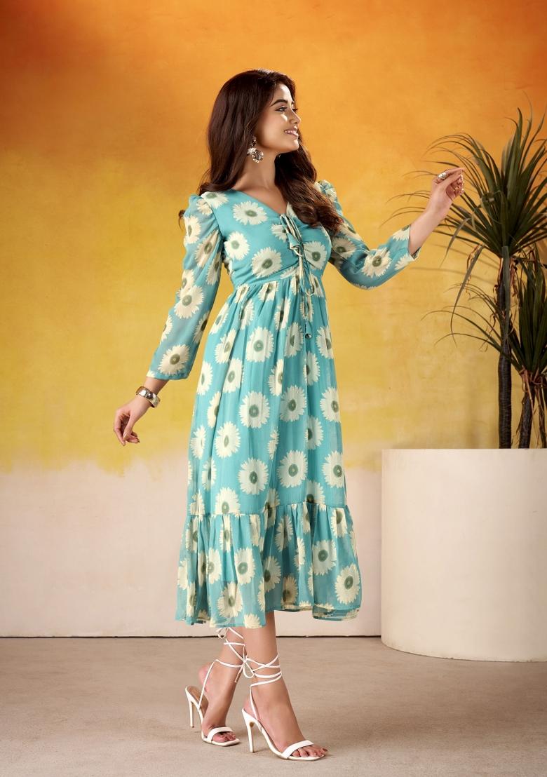 Sky Blue Floral Print Art Silk Kurta Set - Indya