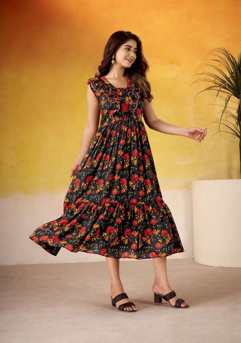 Black Floral Print Art Silk Kurta Set - Indya