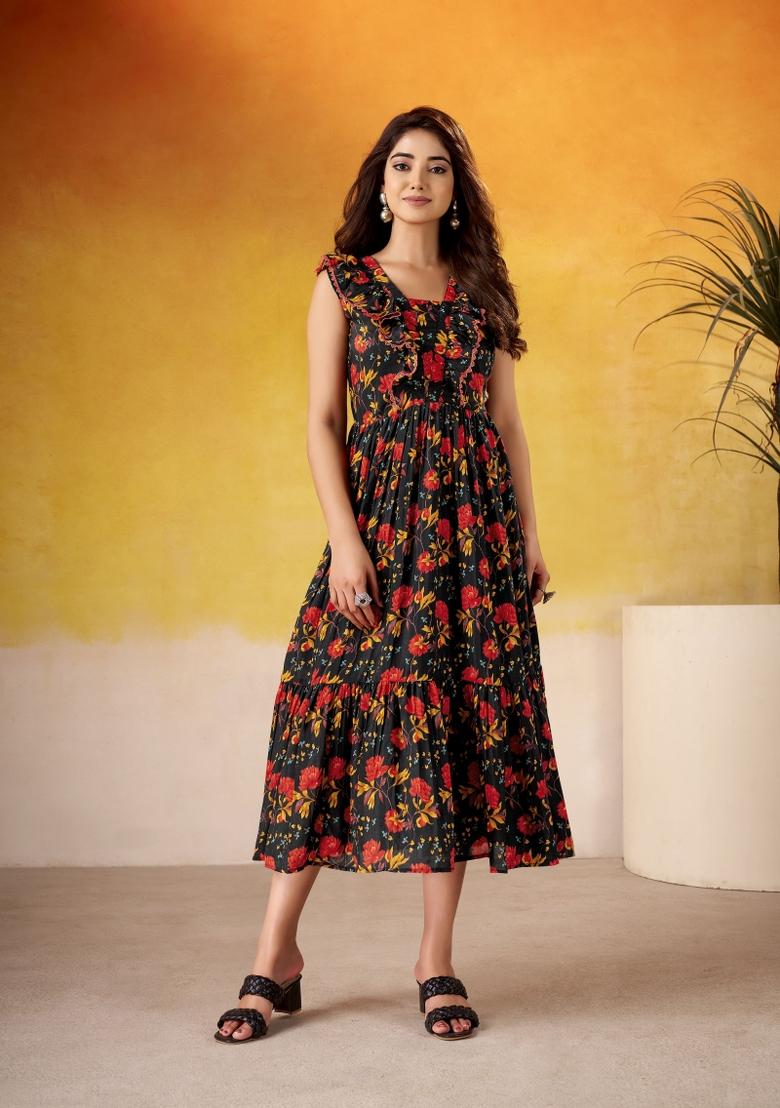 Black Floral Print Art Silk Kurta Set - Indya