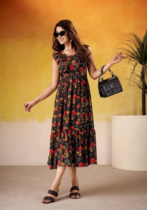 Black Floral Print Art Silk Kurta Set