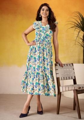 Blue Floral Print Art Silk Kurta Set