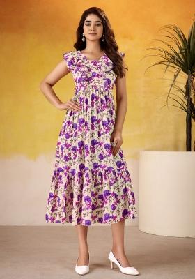 Purple Floral Print Art Silk Kurta Set