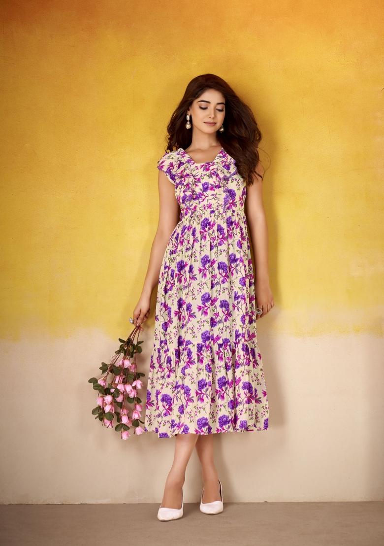 Purple Floral Print Art Silk Kurta Set - Indya