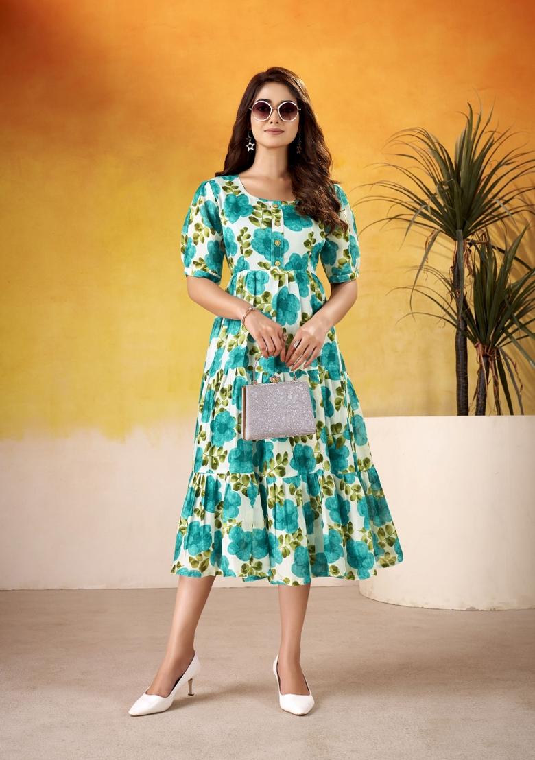 Blue Floral Print Art Silk Kurta Set - Indya