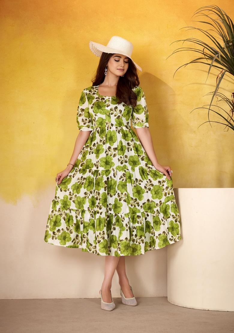 Green Floral Print Art Silk Kurta Set - Indya