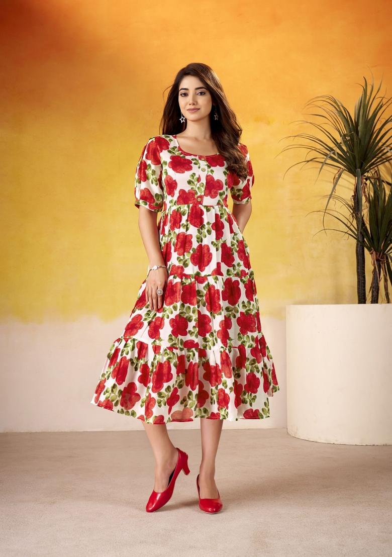 Red Floral Print Art Silk Kurta Set - Indya