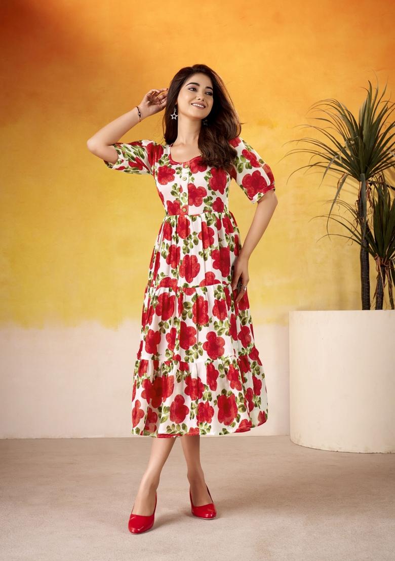 Red Floral Print Art Silk Kurta Set - Indya