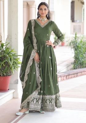 Green Sequins Work Art Silk Gown With Dupatta