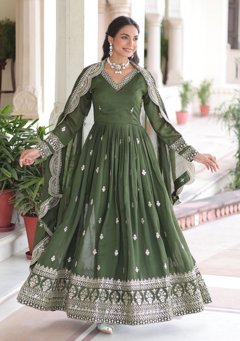 Green Sequins Work Art Silk Gown With Dupatta - Indya