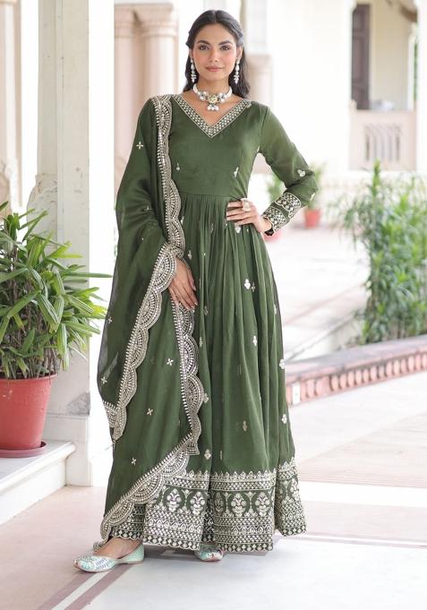 Green Sequins Work Art Silk Gown With Dupatta