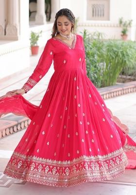 Pink Sequins Work Art Silk Gown With Dupatta