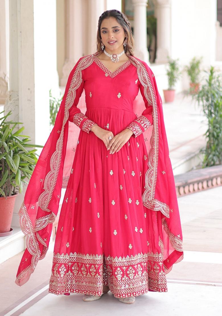 Pink Sequins Work Art Silk Gown With Dupatta - Indya