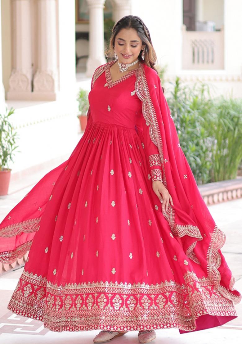 Pink Sequins Work Art Silk Gown With Dupatta - Indya