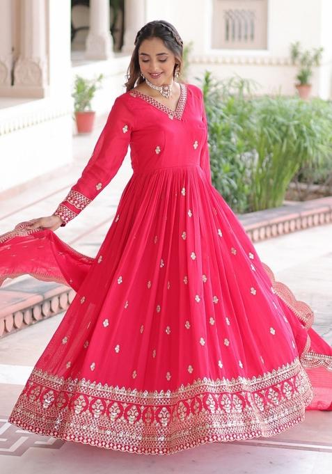 Pink Sequins Work Art Silk Gown With Dupatta