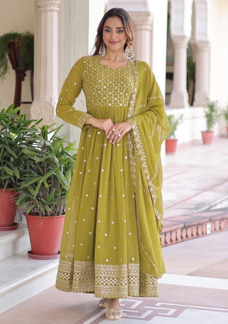 Olive Sequins Work Georgette Gown With Dupatta - Indya