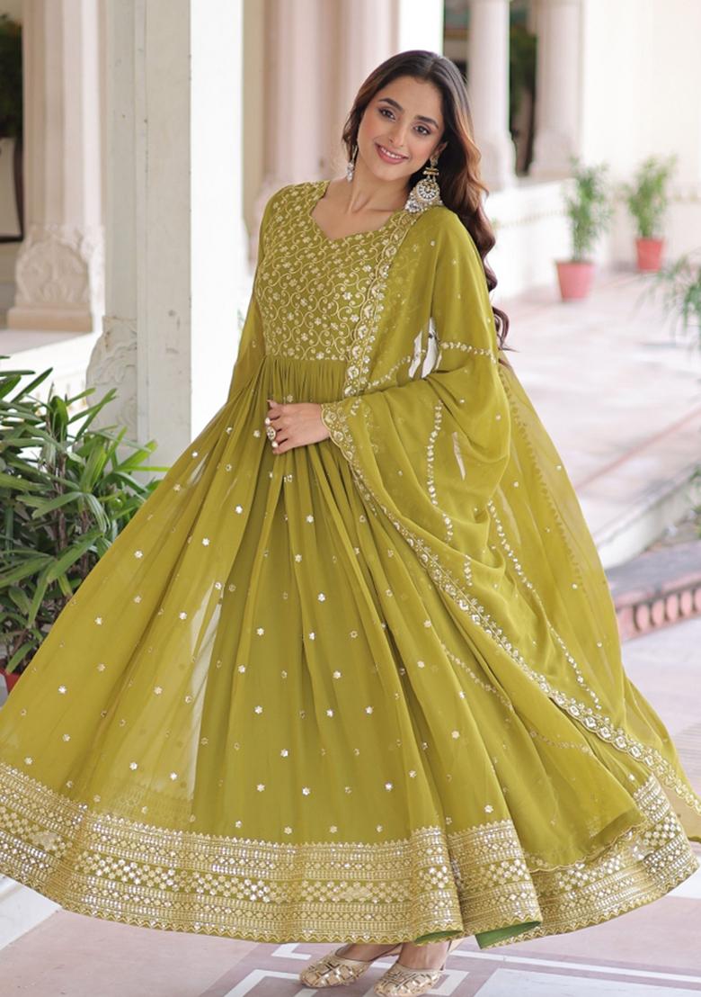 Olive Sequins Work Georgette Gown With Dupatta - Indya