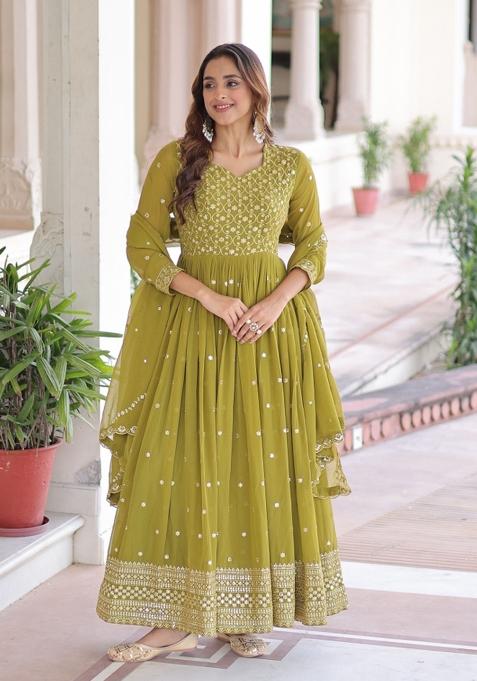 Olive Sequins Work Georgette Gown With Dupatta