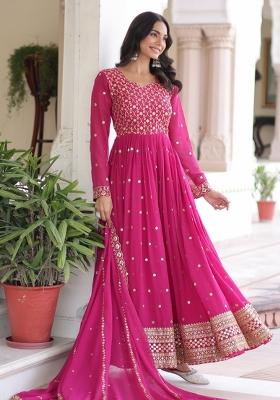 Pink Sequins Work Georgette Gown With Dupatta