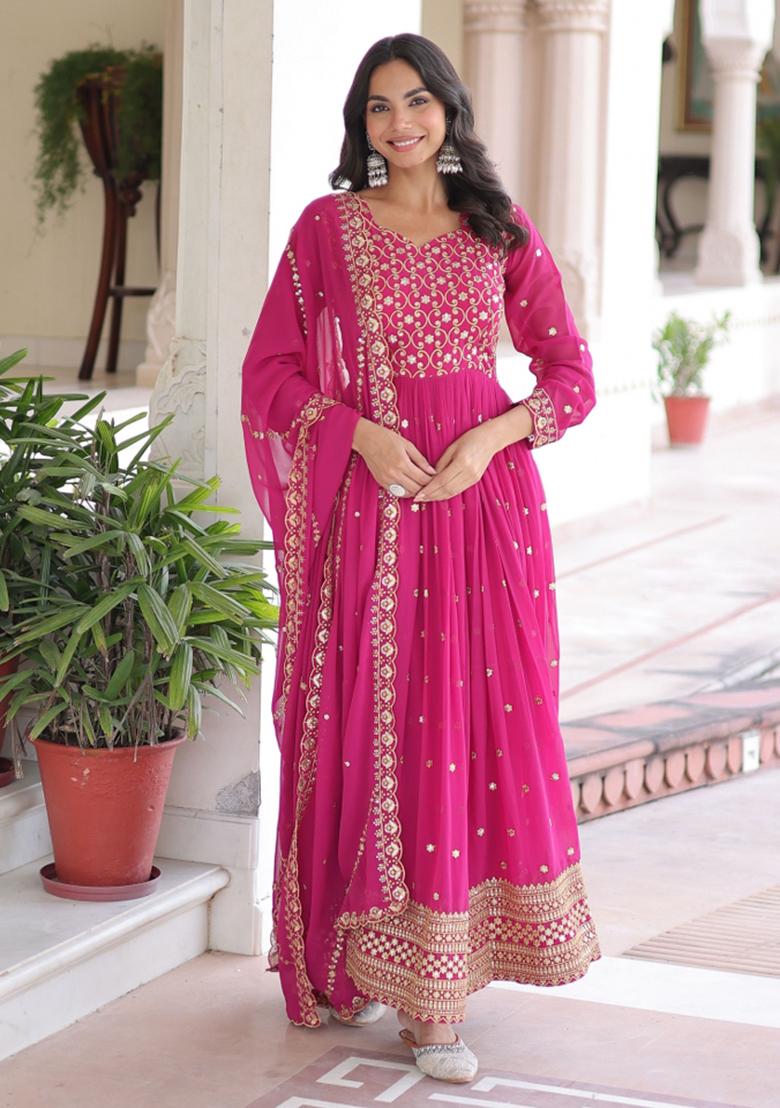 Pink Sequins Work Georgette Gown With Dupatta - Indya