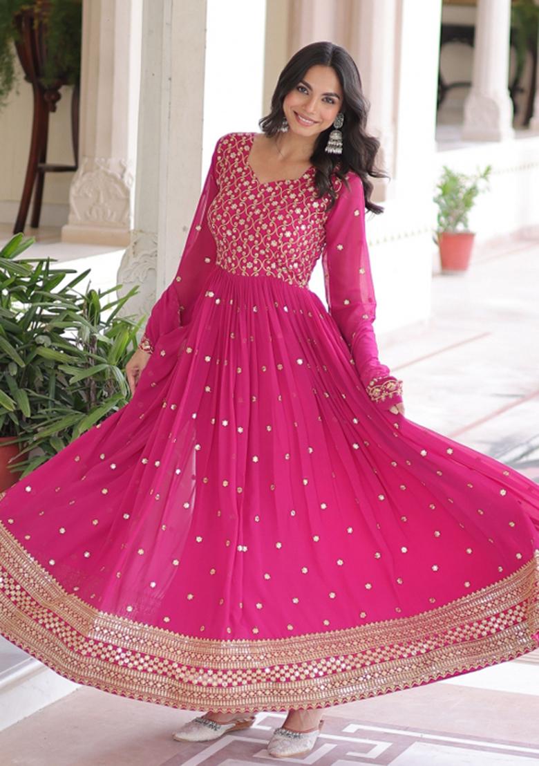 Pink Sequins Work Georgette Gown With Dupatta - Indya