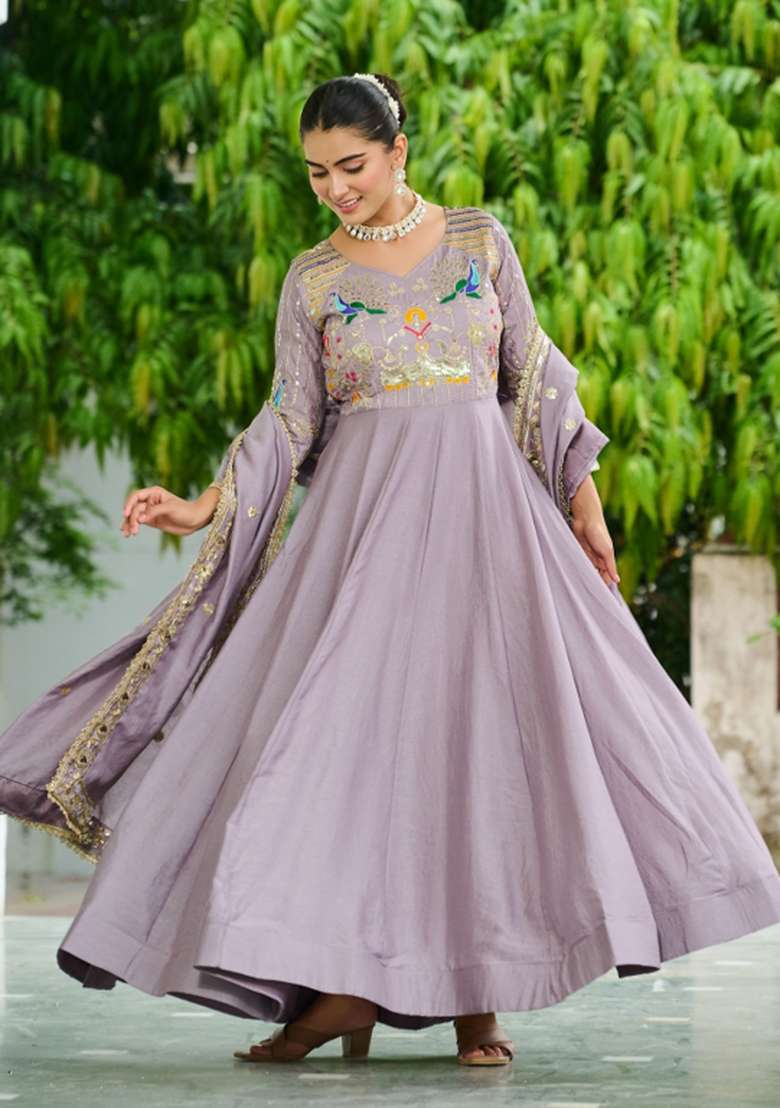 Mauve Embroidered Silk Anarkali Set - Indya