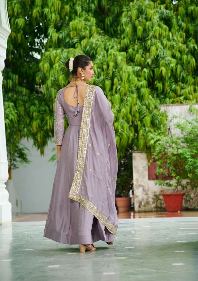 Mauve Embroidered Silk Anarkali Set - Indya