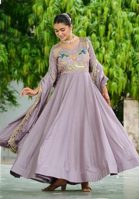 Mauve Sequins Work Art Silk Gown With Dupatta