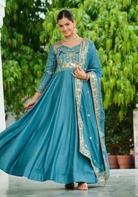 Sky Blue Sequins Work Art Silk Gown With Dupatta