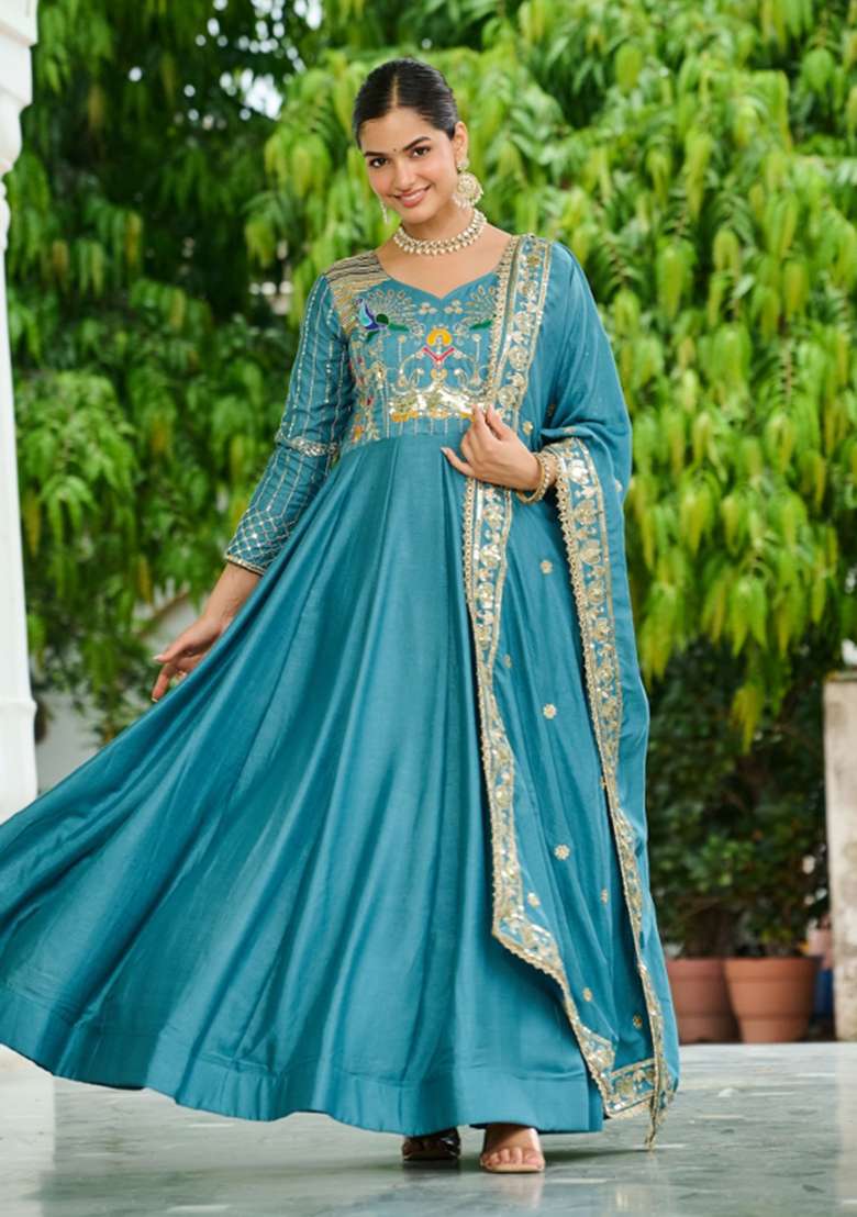 Sky Blue Embroidered Silk Anarkali Set - Indya