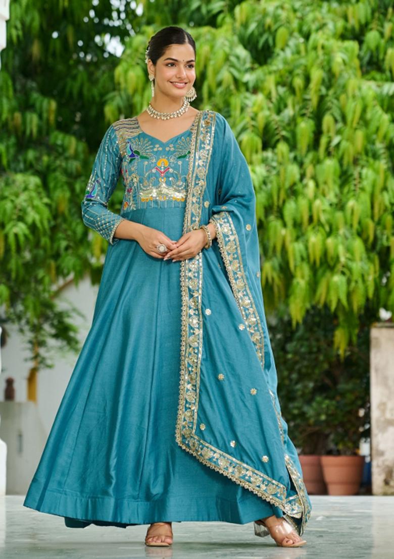 Sky Blue Sequins Work Art Silk Gown With Dupatta - Indya