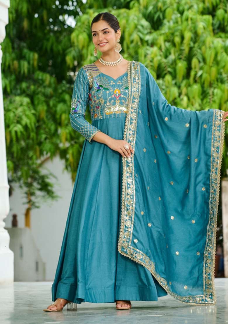 Sky Blue Embroidered Silk Anarkali Set - Indya
