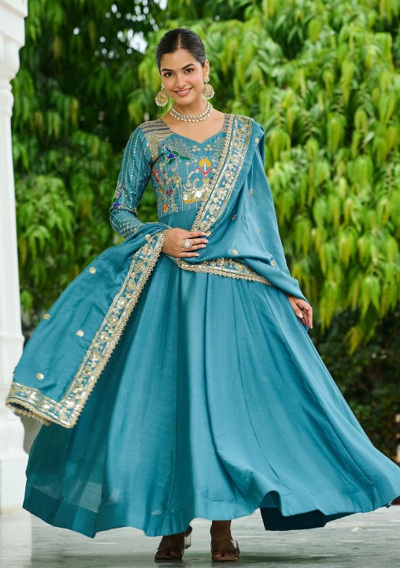 Sky Blue Sequins Work Art Silk Gown With Dupatta - Indya