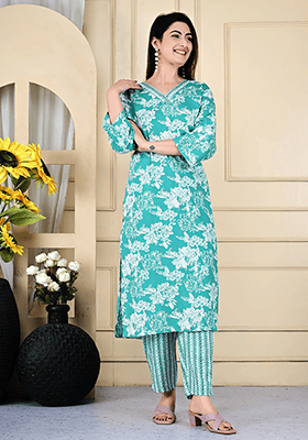 Sea Green Abstract Print Rayon Kurta Set