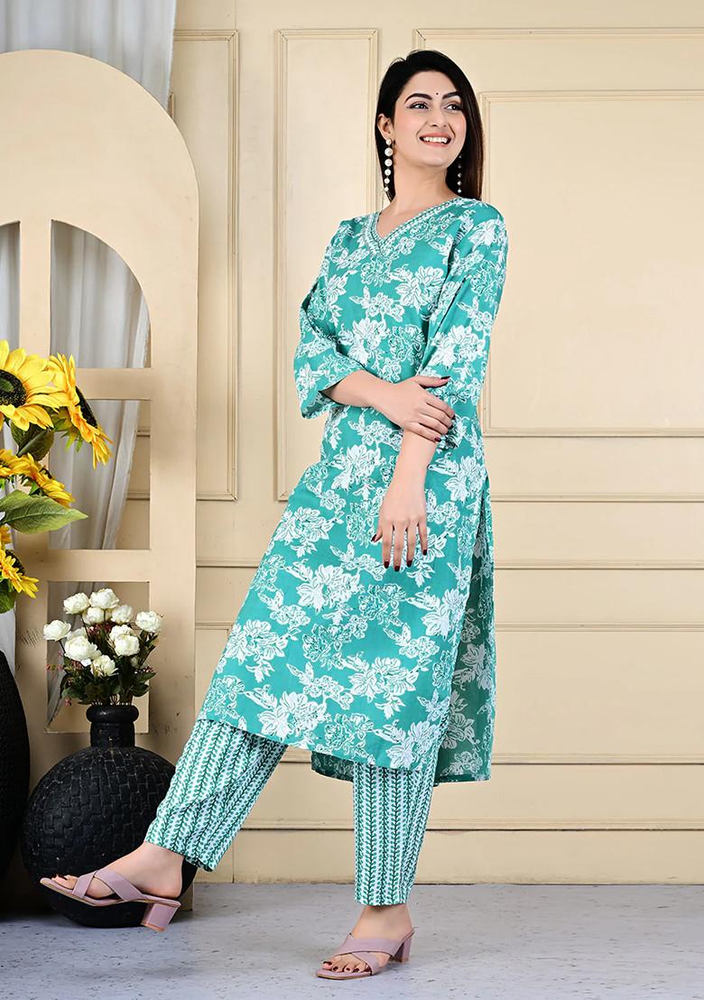 Sea Green Abstract Print Rayon Kurta Set - Indya
