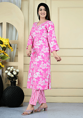 Pink Abstract Print Rayon Kurta Set